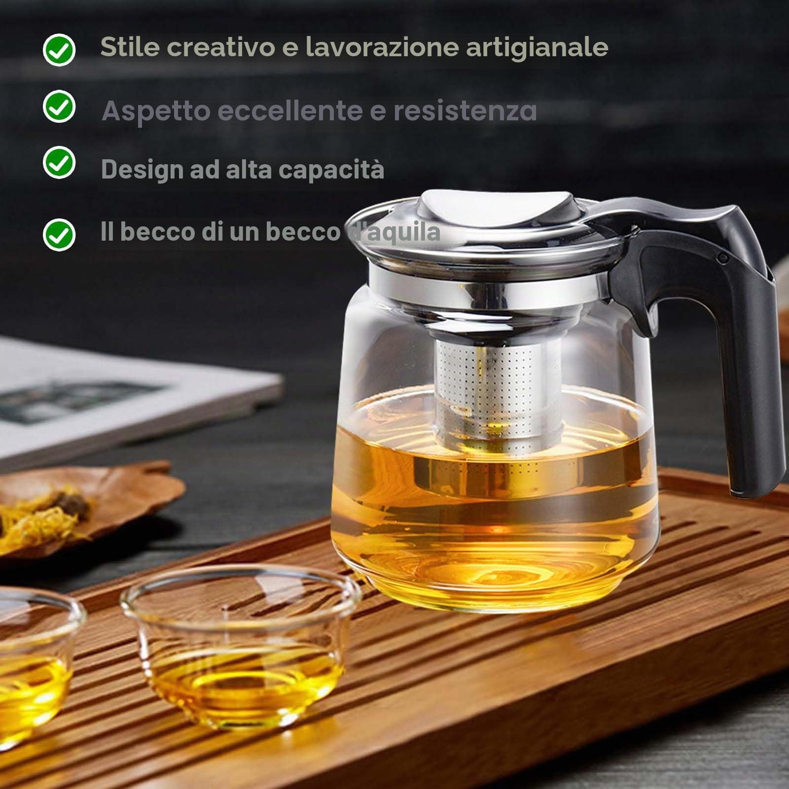 Teiera in vetro di alta qualità, 1,5 l, con coperchio, resistente al calore, con infusore in acciaio inox, per preparare tè sfusi