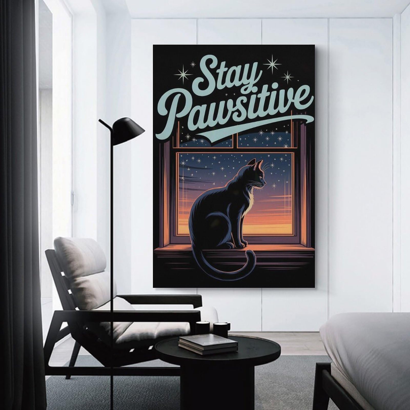 Junmoney Unframe-Style-21 Stay Pawsitive Cat Window Starry Night Room Decor Wall Art, 24X36inch(60X90cm), For Bedroom, Guest Room Or Reading Nook, Home Artwork With A Soft Interior Feel