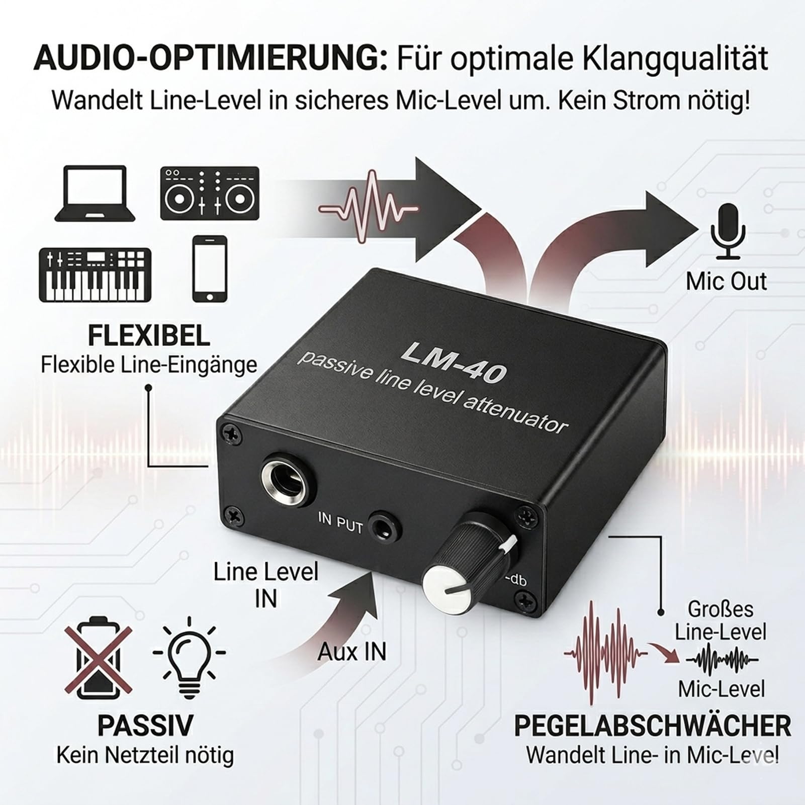 Attenuatore audio passivo LM 40 Regolatore di volume a livello di linea regolabile da 40 dB a 15 dB con cavo di uscita da 3,5 mm per altoparlanti stereo per auto home theater e