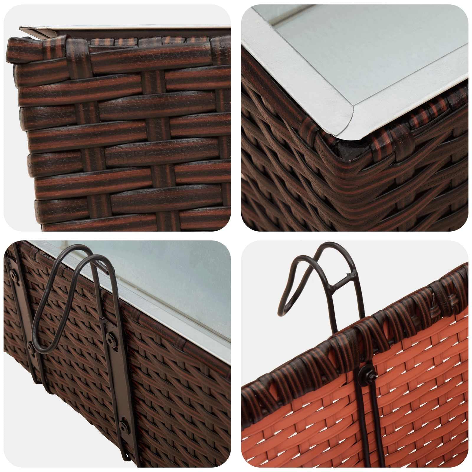 Metalowa donica balkonowa, 50 x 17 x 17 cm, z haczykami, o wyglądzie rattanu, doniczka na taras, do ogrodu, na balkon, odporna na promieniowanie UV, wszechstronne zastosowanie, dekoracyjna