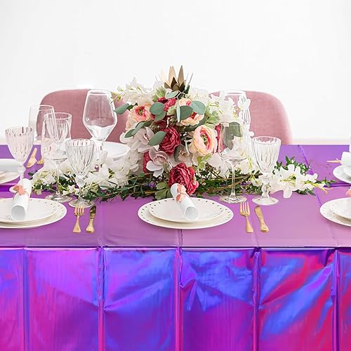 Miniatura 8 de Paquete de 8 manteles de plástico color morado iridiscente, manteles rectangulares desechables con láser, manteles de papel de aluminio holográfico,