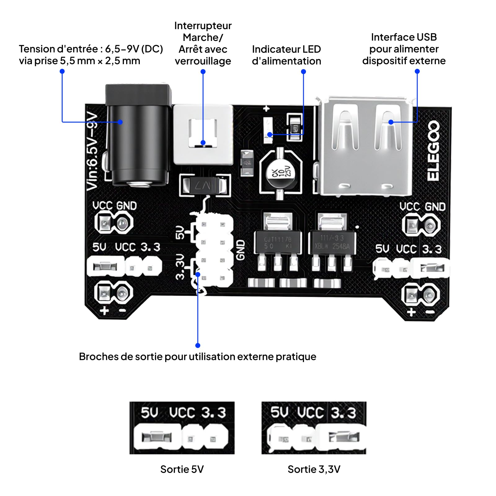 ELEGOO Kit Électronique Mis à Jour avec Module d'alimentation, Câbles Jumpers, Potentiomètre de précision, Plaque de Test 830 Points pour Mega Nano et STM32