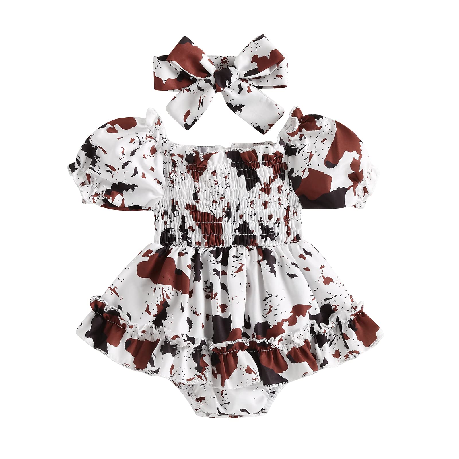 BULINGNA Infant Baby Girls Summer Romper Dress Cow Print Puff Short Sleeve Bodysuit One Piece Jumpsuit Headband 2Pcs Clothes (Brown, 0-6 Months)