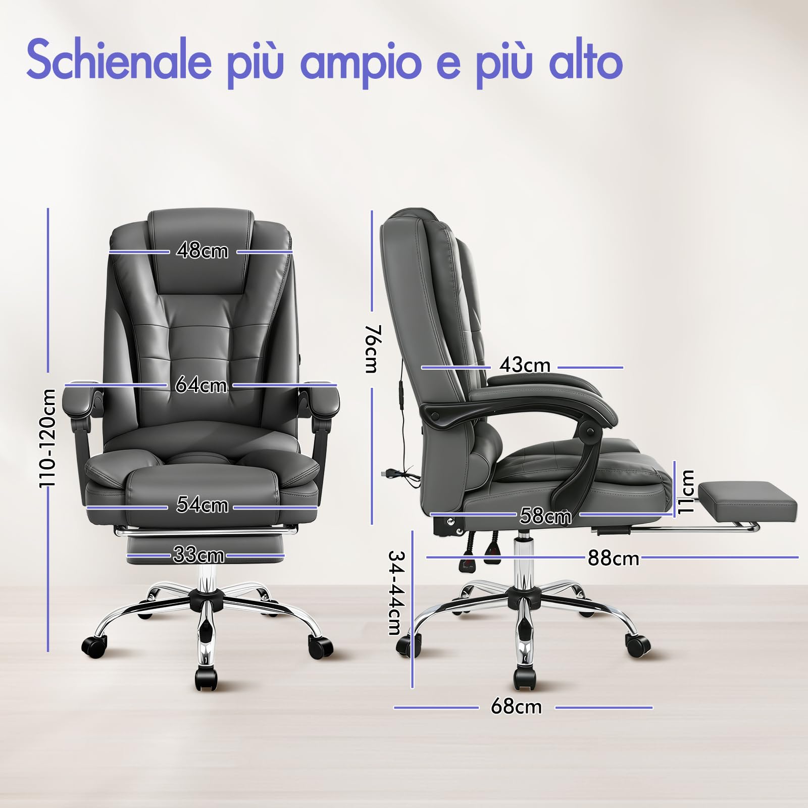 ALFORDSON Sedia Ufficio Ergonomica con Massaggio, Sedia Scrivania con Supporto Lombare e Poggiapiedi, Poltrona Girevole con Rotelle per Ufficio e Studio Sala Riunioni, Similpelle(Grigia)