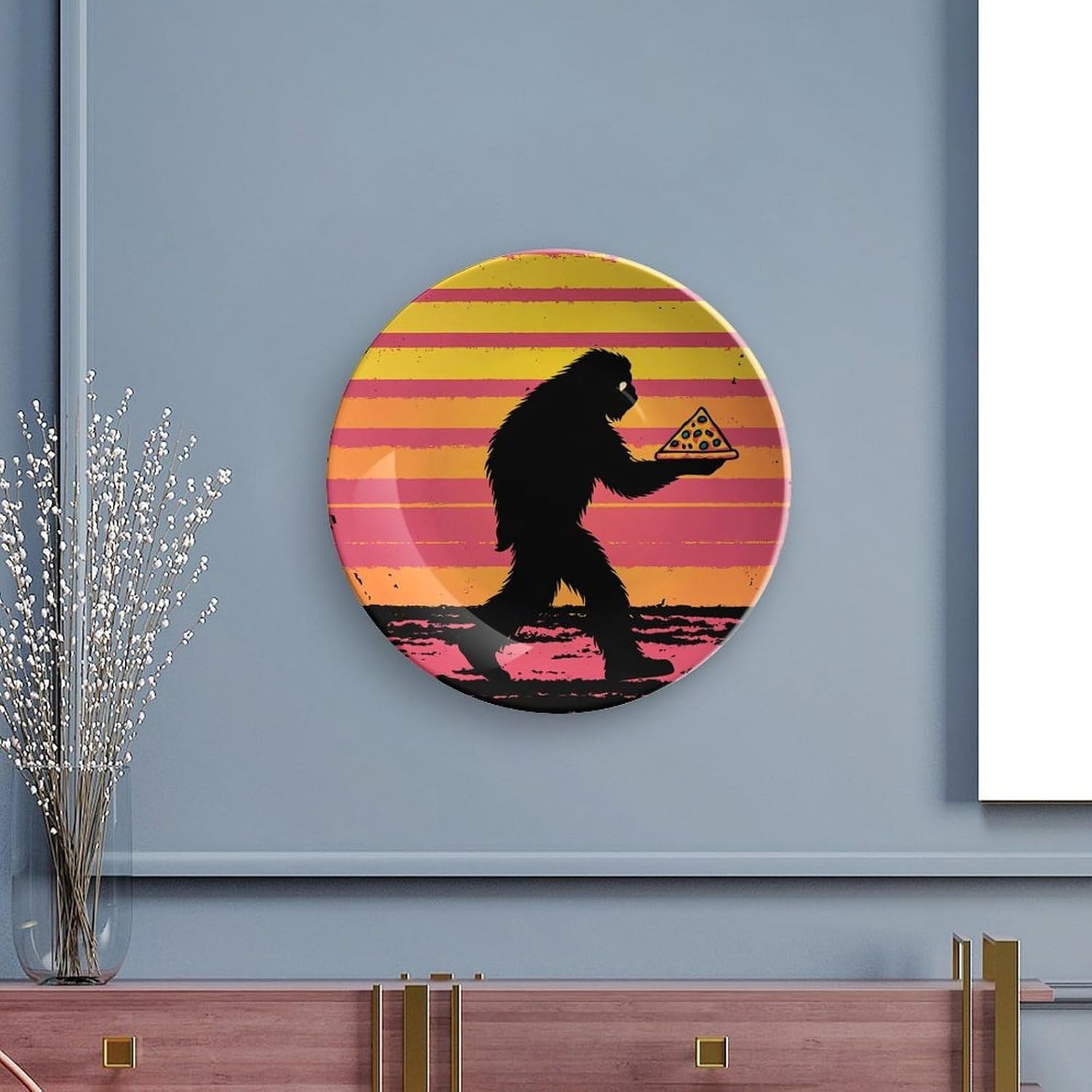 Sasquatch Bigfoot Eating Pizza Bone China Decorative Plate with Stand Home Dessert Plates Gift for Men Women 7inch