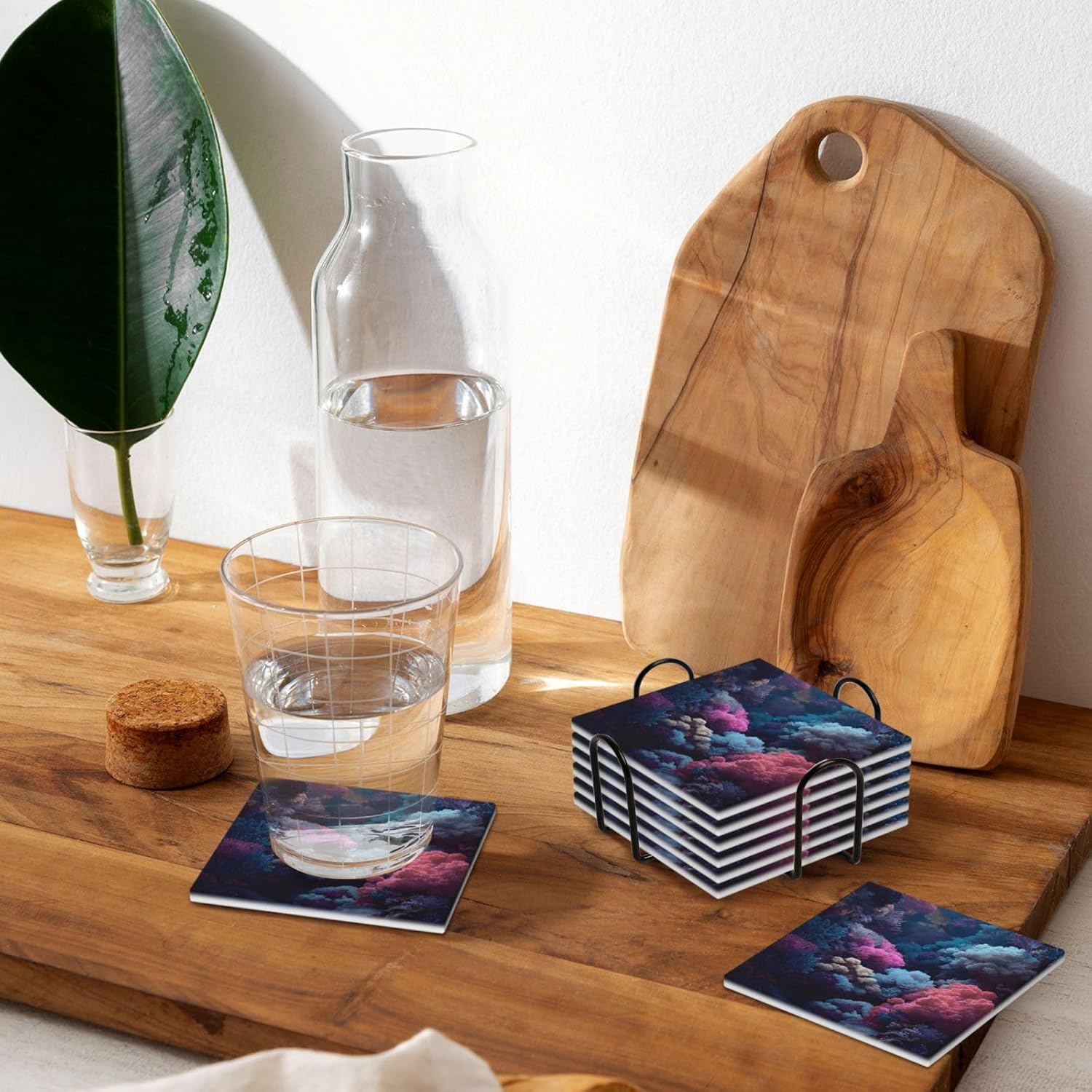 (Coral reefs) Ceramic Coasters Set of 6 with Holder Non-Slip Square Coffee Coasters for for Cup Mug Drink Patio Coffee Table Decor, Christmas Coasters Home Bar Supplies