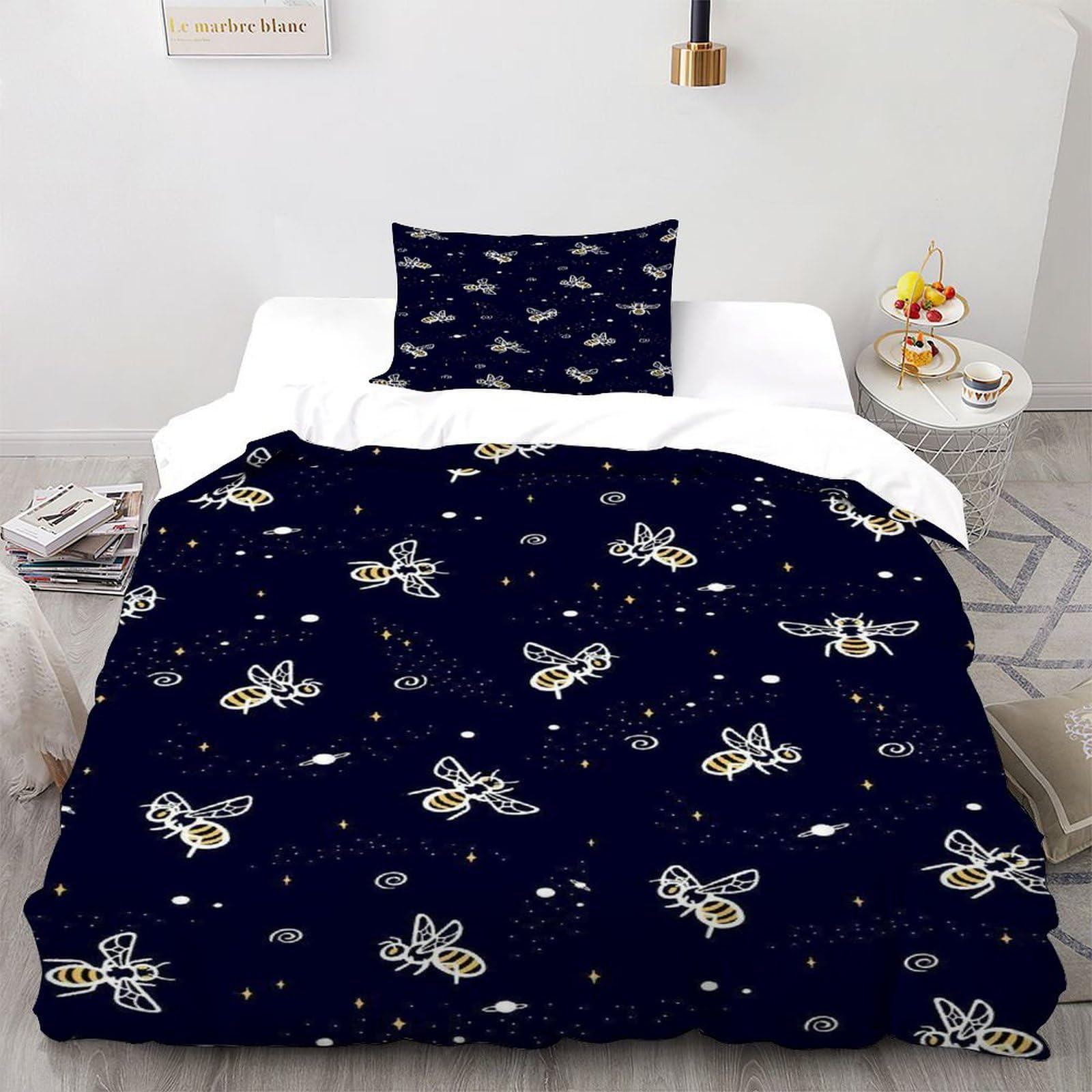 Bees Stars Bedding Set Theme Bedspread Animal Theme Duvet Cover Set Chic Breathable Quilt Cover Universal for All Seasons Pillowcase Single（135x200cm）