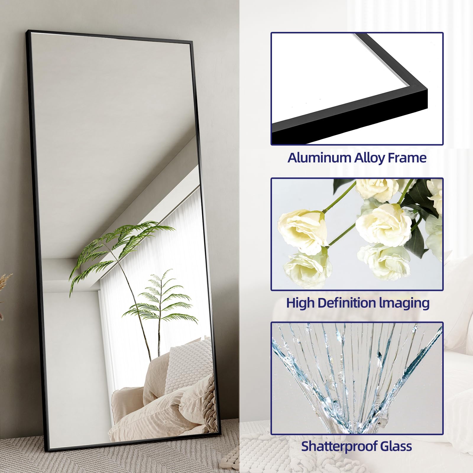 Specchio ad arco a figura intera con supporto, 165,1 x 61 cm, specchio da pavimento a corpo intero da appendere o da appoggiare, cornice in lega di alluminio, per soggiorno, camera da