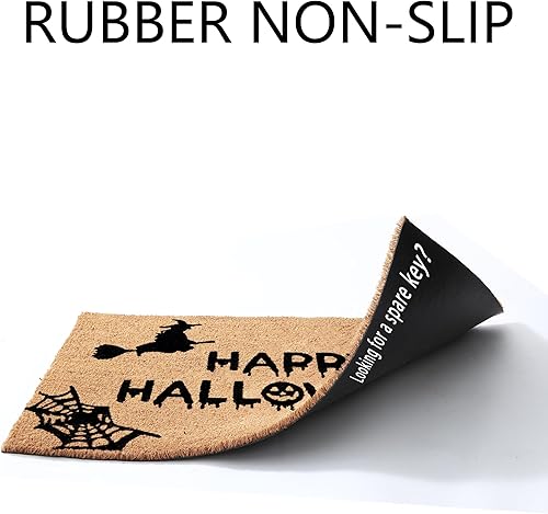 Miniatura 7 de Juego combinado de felpudos de decoración de Halloween, 100% fibra de coco + alfombra a cuadros naranja y negra de 3 x 5 pies, alfombra de Halloween