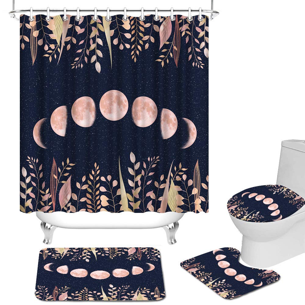 RnnJoile 4 Pcs Moon Shower Curtain Set with Non-Slip Rug Toilet Lid Cover Bath Mat Magical Lunar Cycles Stars in Space with Leaves Plants Bathroom Curtain Black and Blush Curtain for Bathroom Decor