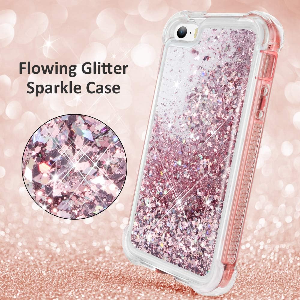 Caka iPhone SE Case (2016), iPhone 5 Case, iPhone 5S Glitter Full Body Case with Screen Protector Bling Sparkle Floating Liquid Girls Girly Women Cute Protective Case for iPhone 5 5S SE (Rose Gold)