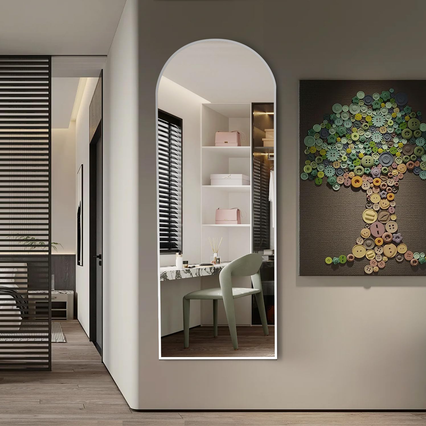 Rowjut Floor Mirror Arched Mirror Full Length 56"X20"Full Length Mirror can be Free Standing or Hanging on The Wall Used in Living Room Entrance Hall Corridor Room Bathroom etc （White