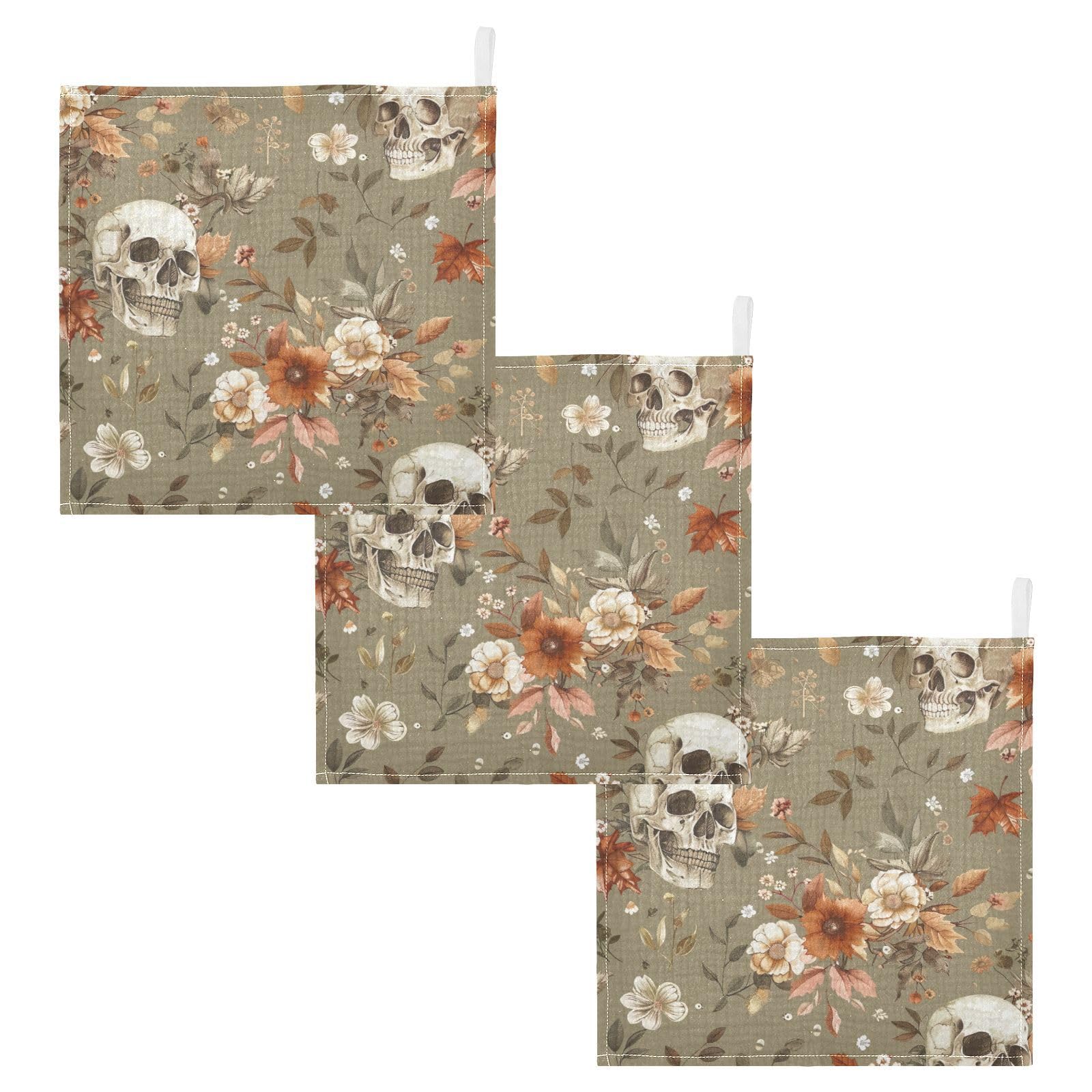 Nander Halloween Roses and Skulls Baby Muslin Washcloths 3PCS- Soft Face Cloths for Newborn Absorbent Bath Wash Cloths