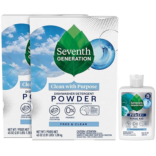 Seventh Generation Dishwasher Detergent Powder 2-Pack + Rinse Aid, Free & Clear, Biodegradable, Plant-Based & Fragrance-Free, Septic Safe