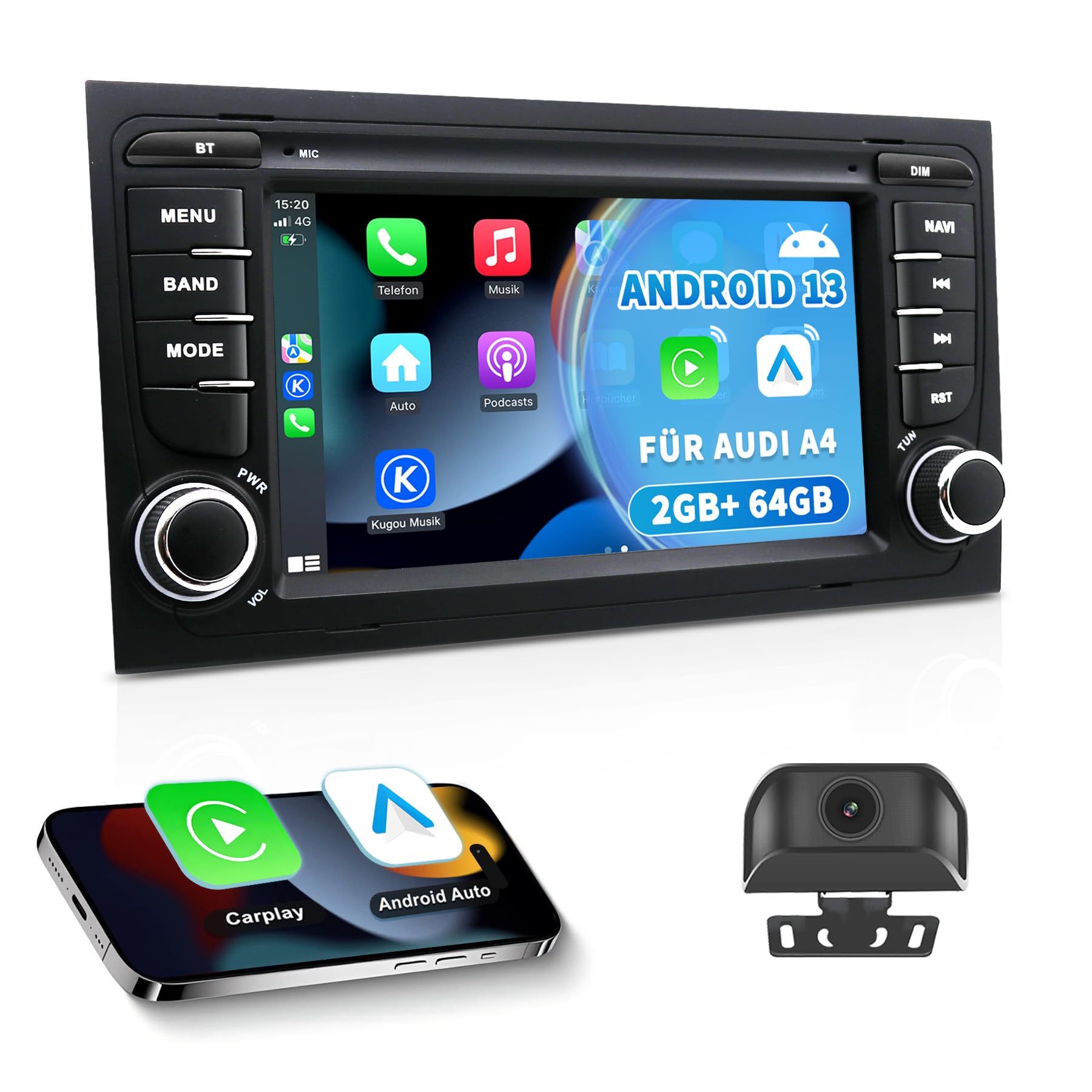 Radio samochodowe z systemem Android 13 do Audi A4/S4/RS4 B6/B7 (2002-2008) | 7-calowy ekran dotykowy IPS z kamerą cofania HD | Bezprzewodowy CarPlay i Android Auto | Nawigacja GPS 2 GB + 64 GB