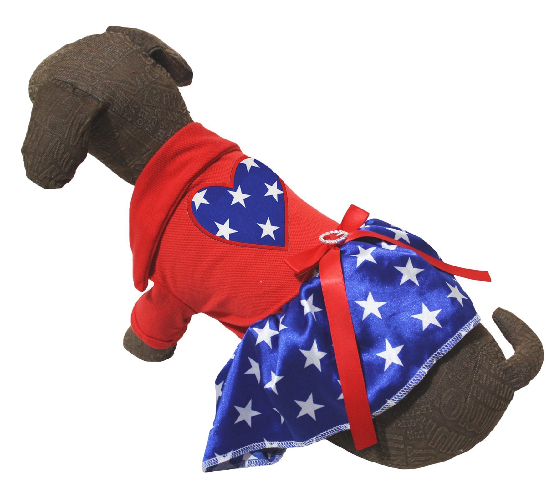 Vêtement chien coton rouge bleu motif juillet avec étoiles cœur pour petit moyen animal