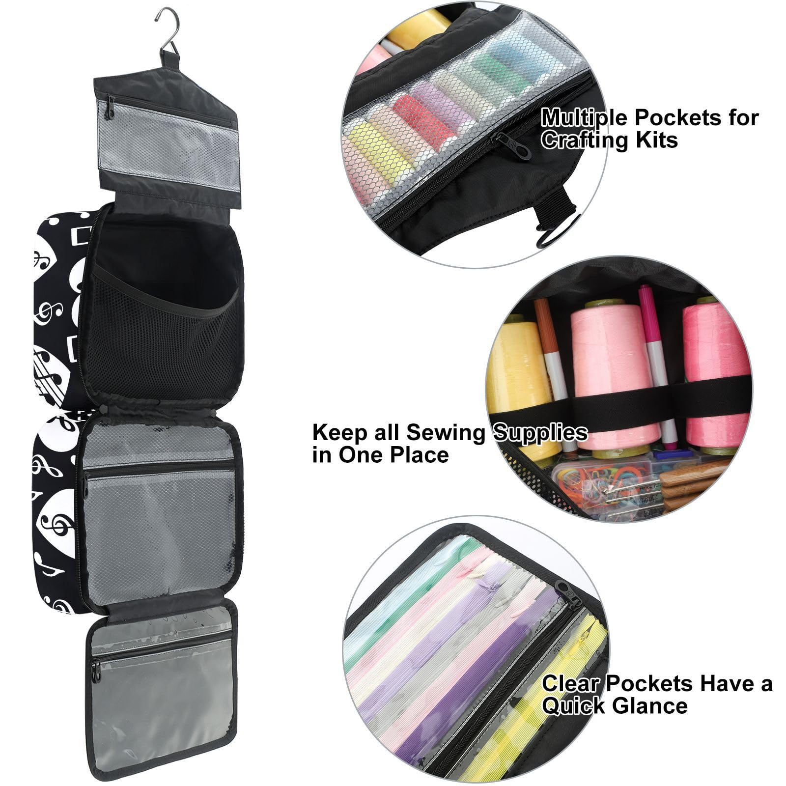 YNNALE Sewing Supply Organizer Bag, Black and White Music Note Heart Portable Sewing Bags with Pockets&Hanger, Sewing Storage Box Case for Sew Supplies/Kit/Tools/Accessories (BAG ONLY)