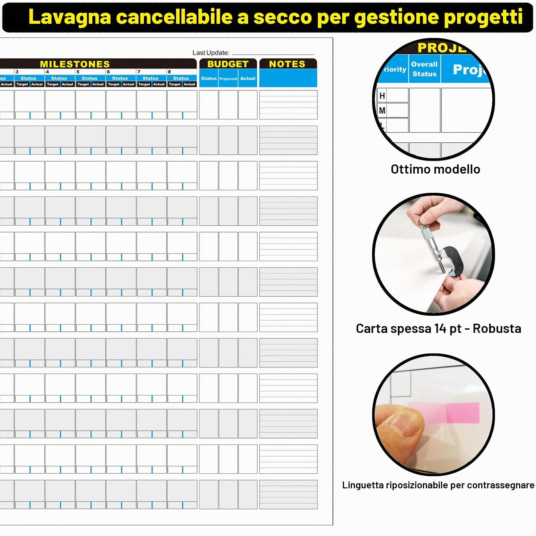 Grande lavagna per la gestione dei progetti, 91,4 x 114,3 cm, lavagna bianca da ufficio per pianificazione e monitoraggio dei progressi, pianificatore da parete laminata per manager e imprenditori