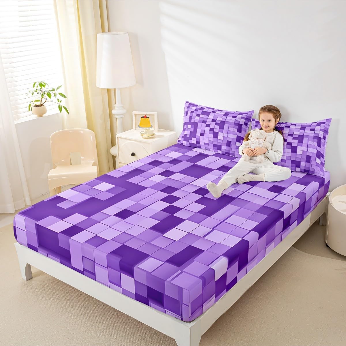 Pixel Grid Miners Kids Twin Size Fitted Sheet,Video Games Plaid Lattice Boys Girls Bed Sheets,Geometric Modern Check Room Decor,Light Purple Bedding Set,1 Pillowcase(No Flat) image 3