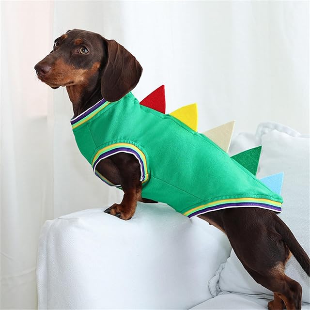 Foto 3 de 8 de Disfraz de dinosaurio para perro salchicha para perro pequeño, fácil de llevar