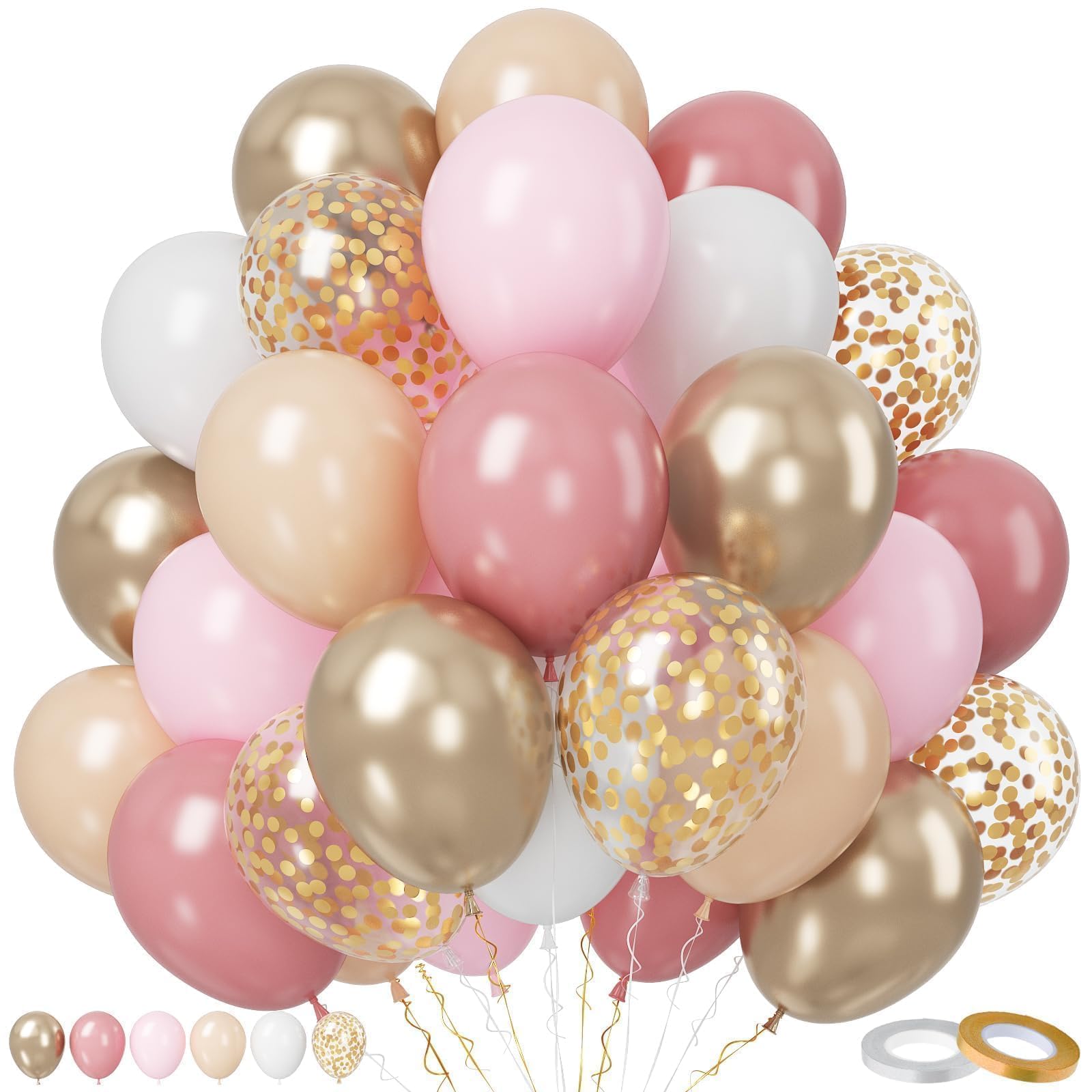 Paready Blush Pink Balloon Set, 50 Pcs Pink and Champagne Gold, 12 Inch Dusty Pastel Pink Apricot Metallic Gold Confetti for Boho Birthday Bridal