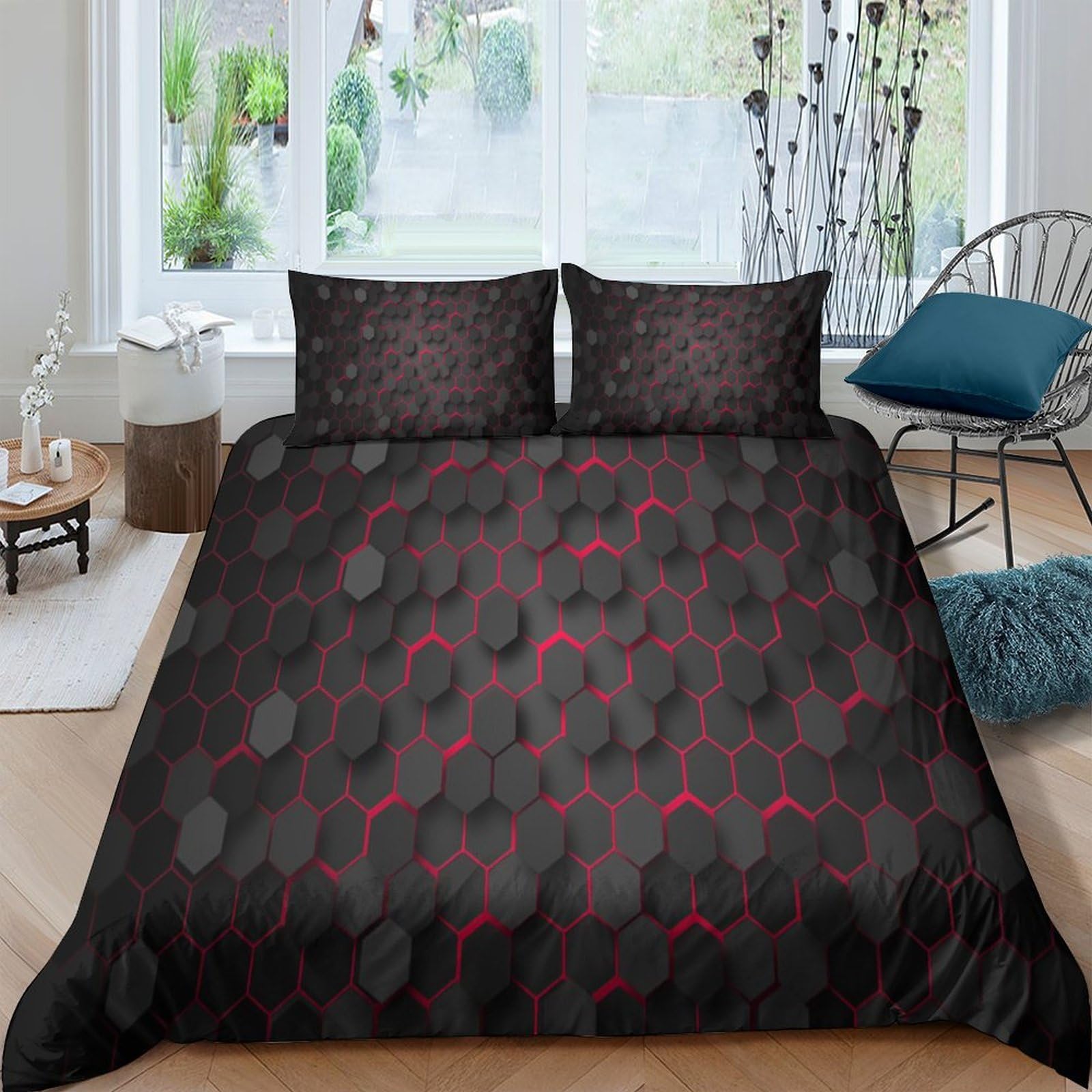 Ctjqhvkz Style-6 3D Printed Geometric Hexagon Pattern Fitted Sheet Microfiber Soft Breathable Black Red Abstract Bed Cover For Bedroom Guestroom Single（135X200cm）