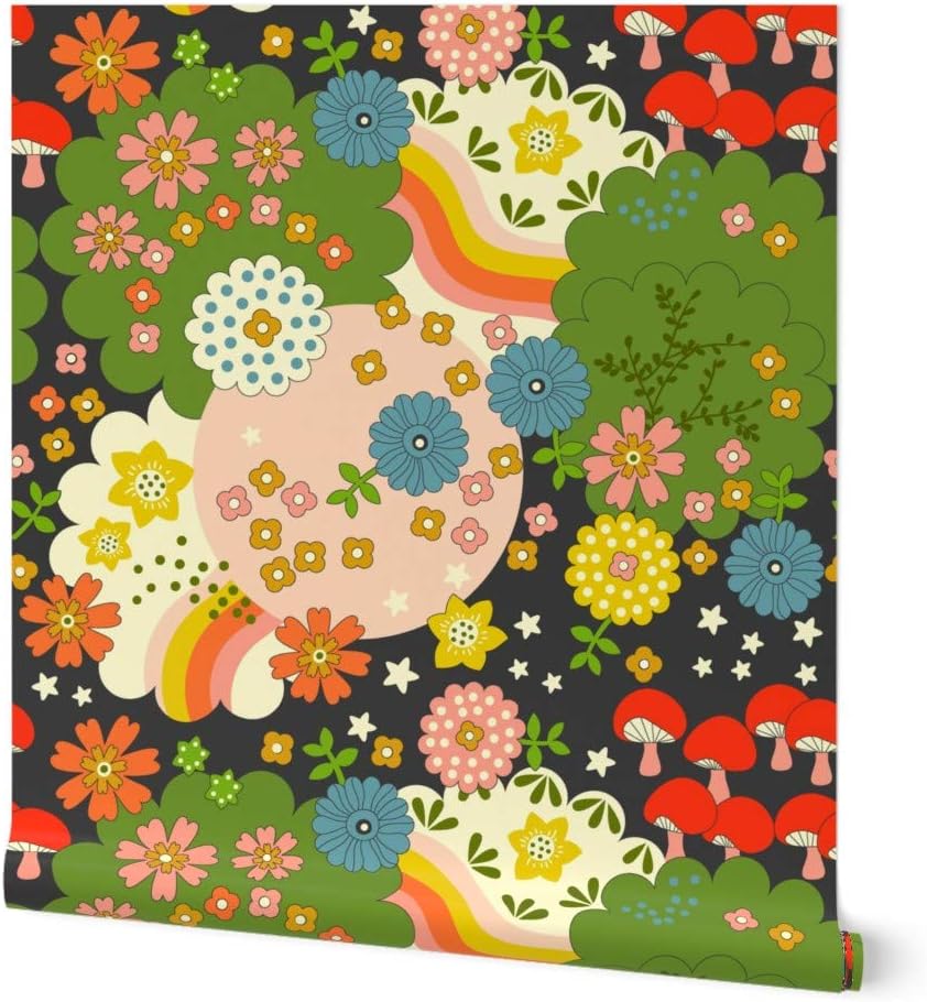 Removable Wallpaper 6ft x 2ft - Cosmic Flowering Retro Flowers Vintage Psychedelic Groovy Hippie Mushrooms Stars Rainbows Garden Custom Pre-Pasted Wallpaper by Spoonflower
