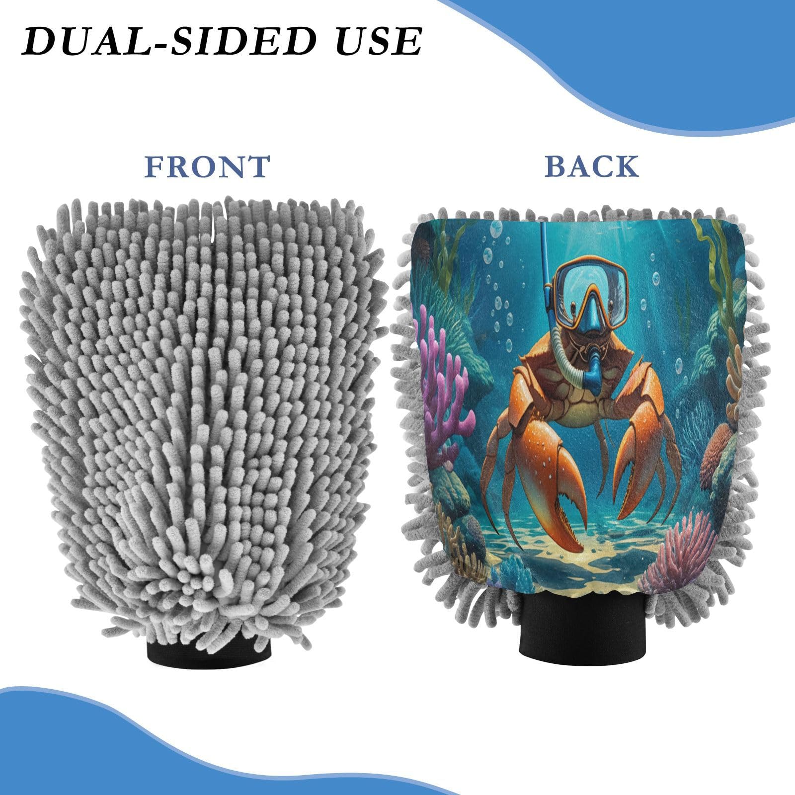 STAYTOP Diving Crabs Car Wash Mitt Microfiber, 2Pcs Scratch Free Lint-Free, Premium Chenille Microfiber Mitt Car Wash Brush-L