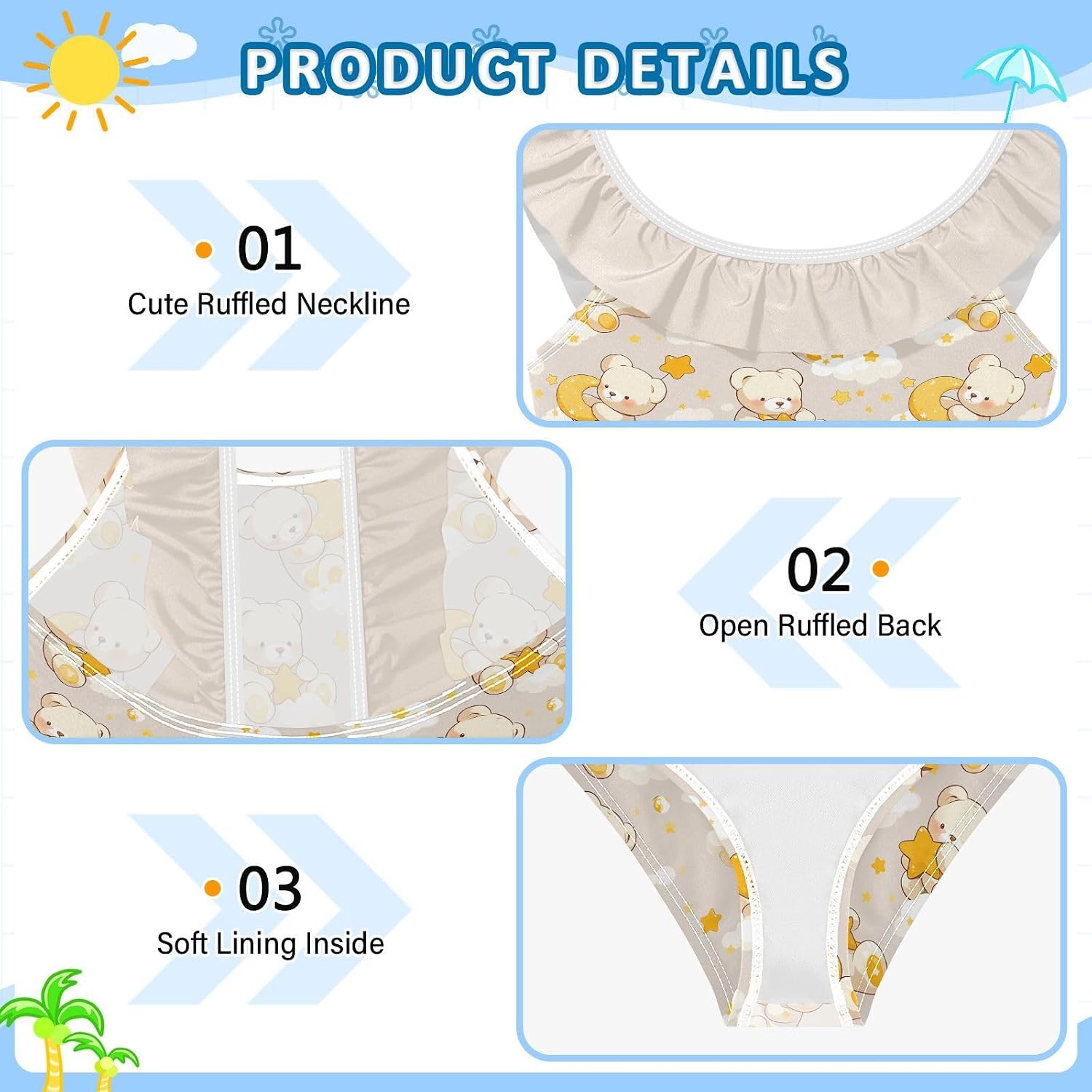 visesunny Girls One Piece Swimsuits Ruffle Swimwear Yellow Star Bear Bathing Suits for Girls 3-6Y
