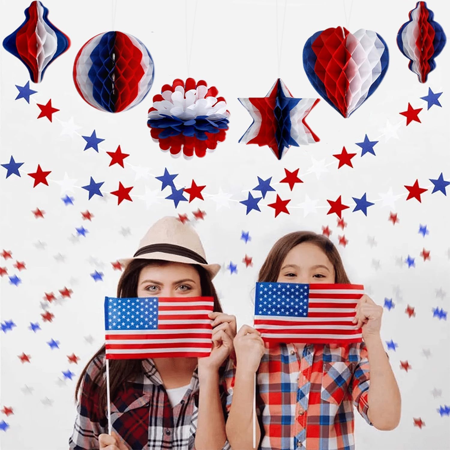 4th of July Decor - Independence Day Honeycomb Pendant Decor Red Blue and White Paper Fans Poms for Fourth of July Patriotic Decorations Wedding Graduation Independence Day 6 Count