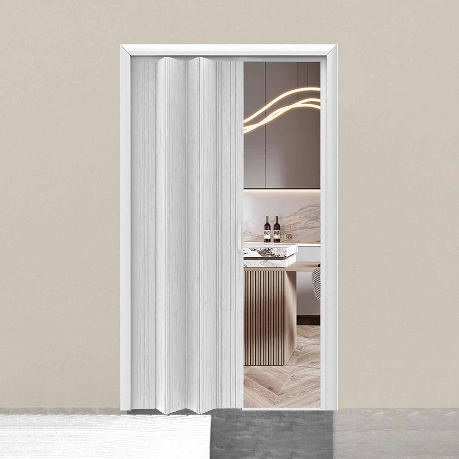 Sliding Accordion Doors PVC Bi-fold Doors Invisible Partition Folding Door Vertical for Office Hotel Warehouse(All White,74.02x79.92in)