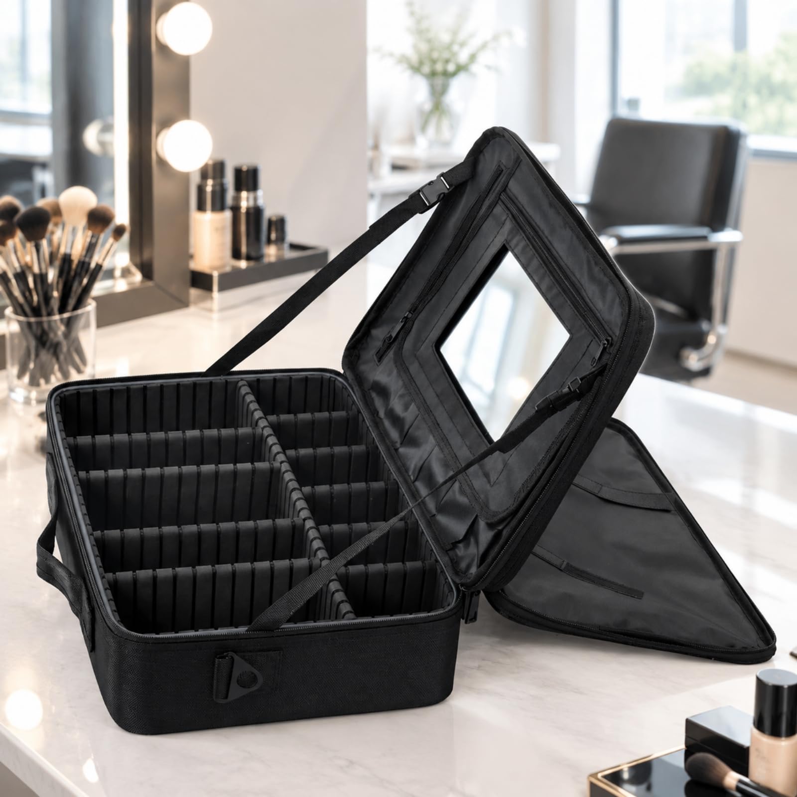 Make-up mit Spiegel vstellbare Fäch Schmink aus Oxford-Gewebe tragbar Reise-Make-up-Tasche mit Schultgurt für Visagisten, Offstage