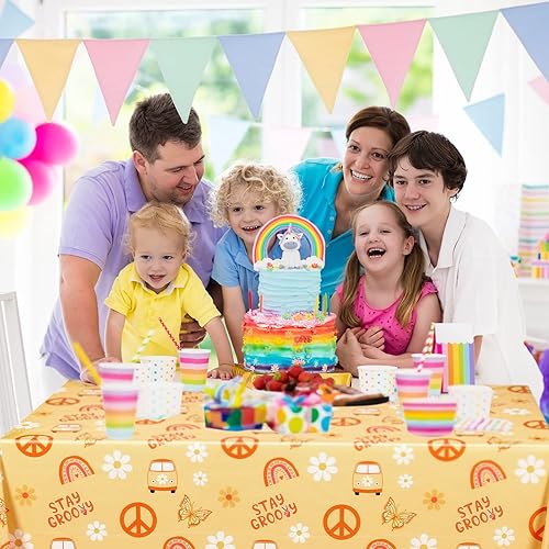 Miniatura 3 de Mantel de 4 piezas con diseño de margaritas y arco iris, retro, hippie y bohemio, desechables, impermeables, para decoración de fiesta de cumpleaños