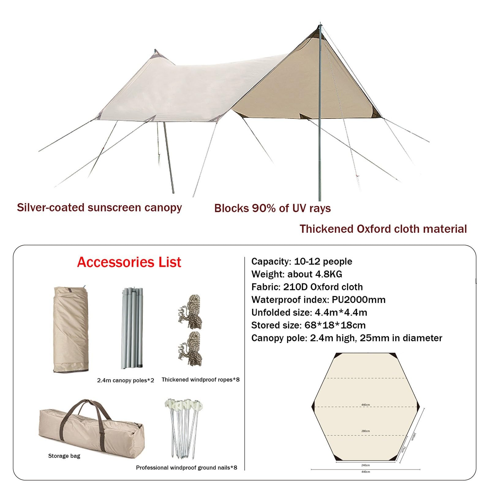 Lona Impermeable Portátil para Acampar Al Aire Libre,Lona para Acampar,Lona Impermeable,Lona para Suelo,Lona Resistente Al Viento,Carpa para Acampar,Picnic,para Viajes Y Playa A,4.4 * 4.4m