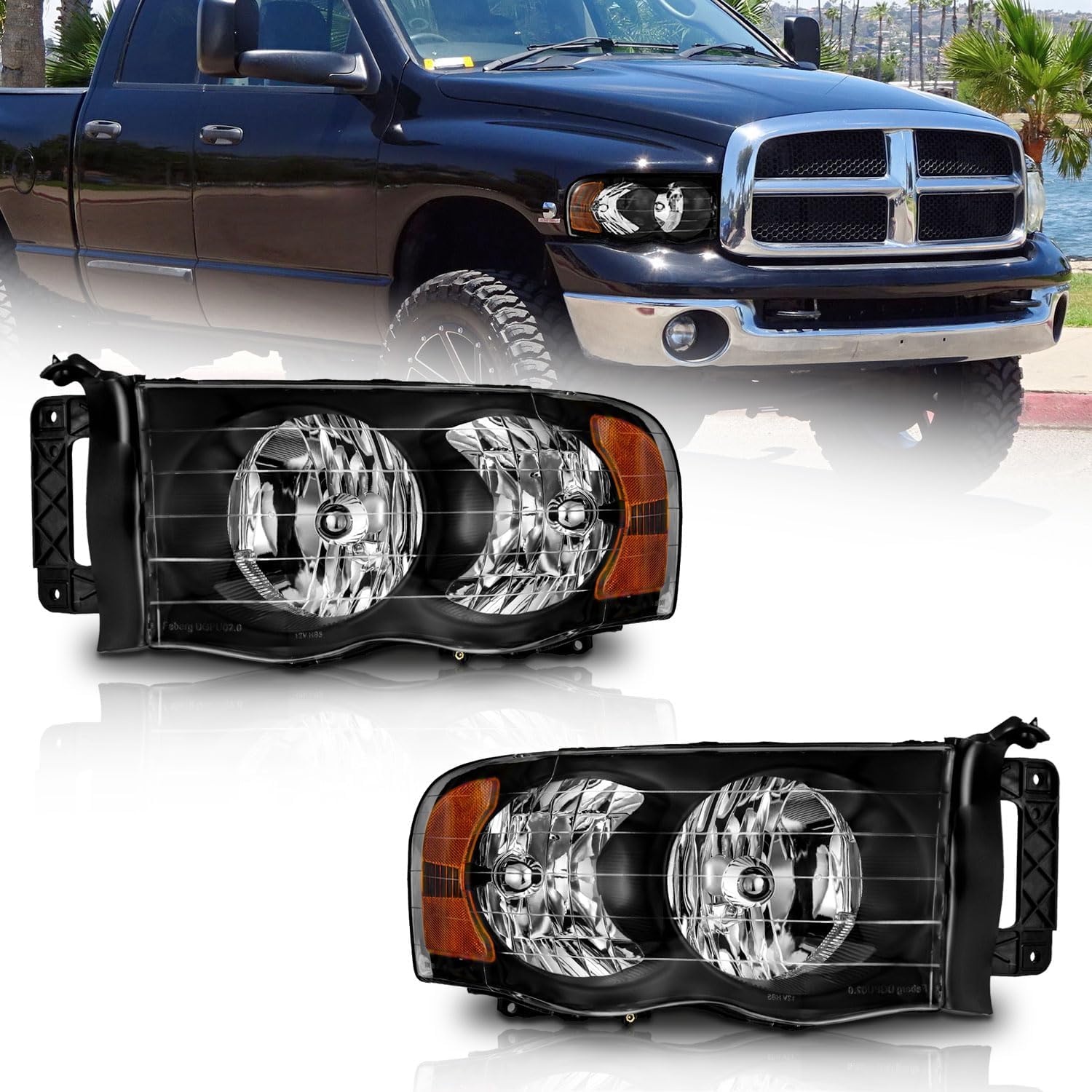 WEELMOTO Headlights Assembly for 2002-2005 Dodge Ram 1500 Pickup Headlight Replacement for 03-05 Dodge Ram 2500/3500 Pickup Black Housing Amber Reflector L&R