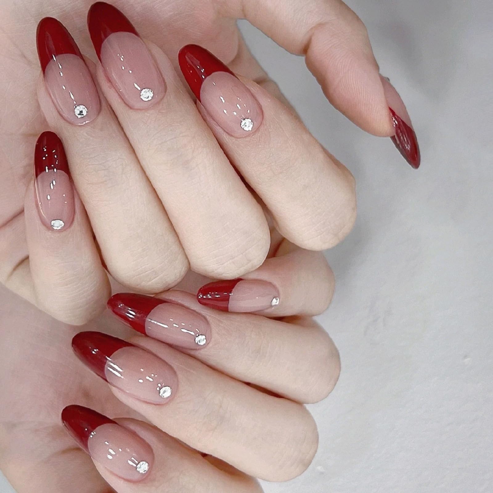 CUZIAM Cherry Red French Tip Press on Nails Valentines, Medium Almond Soft Gel Dark Red French Tips Rhinestone Full Cover Stick on Nails for Women,