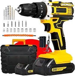 Furadeira e Parafusadeira de Impacto Sem Fio 21V com LED, 2 Baterias Recarregáveis Bivolt e 32 Acessórios - Maleta Completa para Uso Profissional e Doméstico