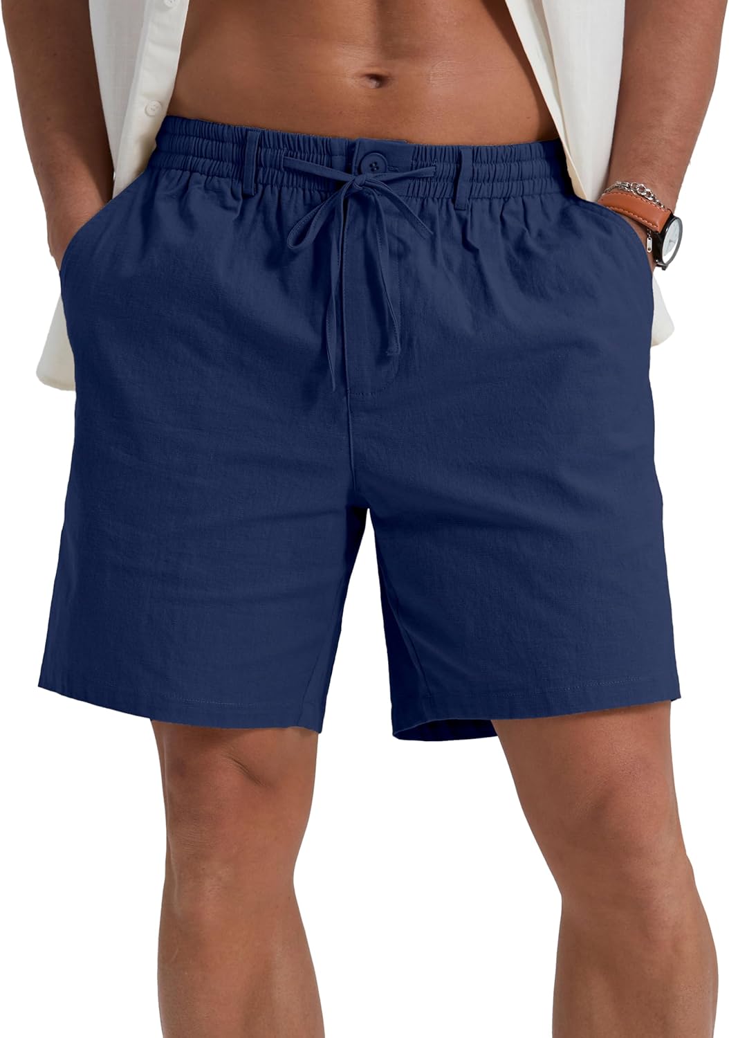 Sailwind Men's Linen Shorts 7" Casual Elastic Waist Drawstring Summer Beach Shorts