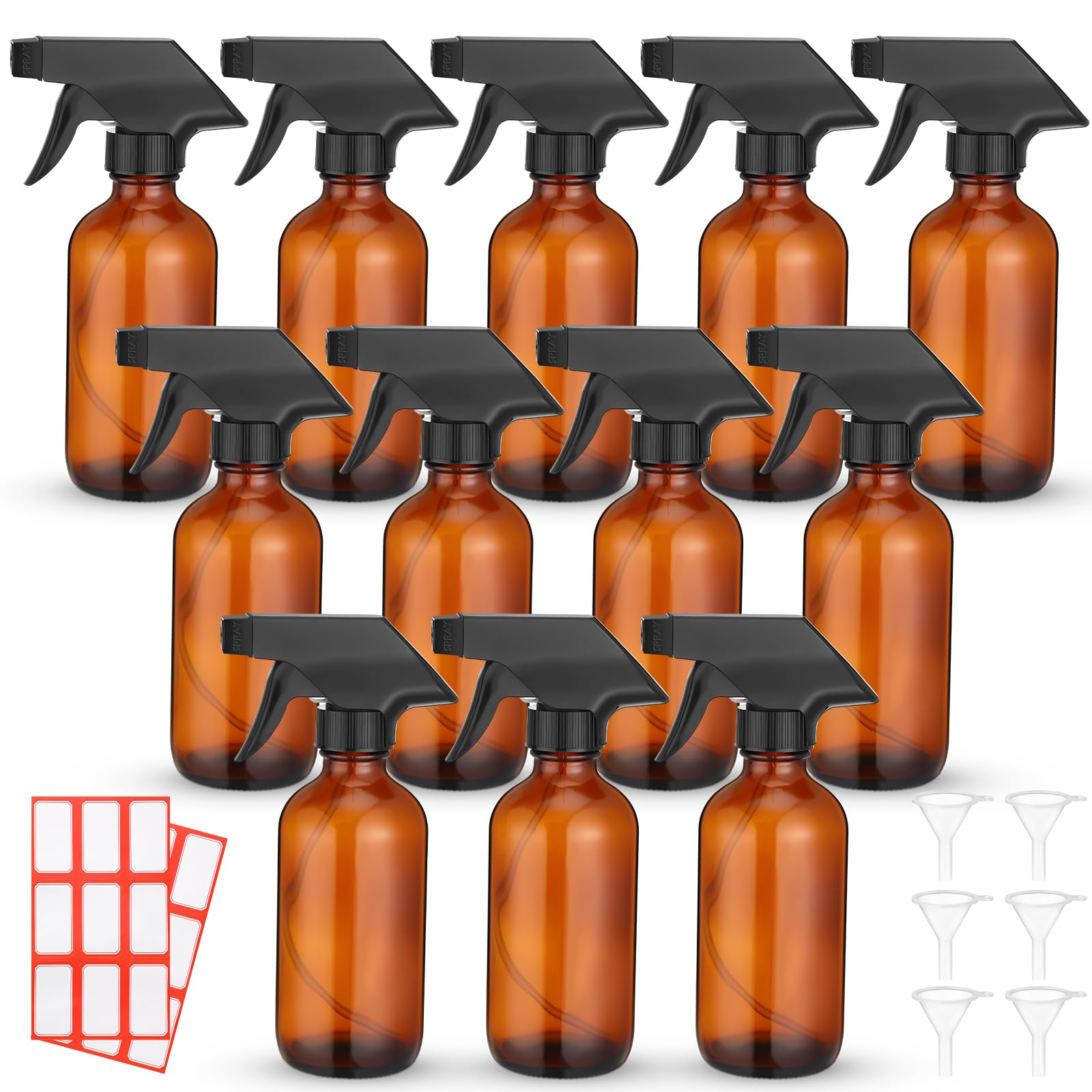 Norme 12 Pcs 8 oz Glass Spray Bottles with Funnels and Labels Refillable Cosmetic Empty Spray Bottles with Sprayer Containers for Essential Oil