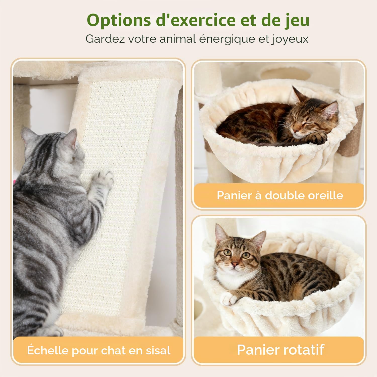 Globlazer Arbre à Chat Beige XXL Grand 204 cm avec 2 Immense Rembourrés Plateforme 50*30CM, 2 Grand Niches, 3 Doux Paniers, Planche Sisal, Stable Arbres a Chats pour 3-5 Chats Intérieur (S80G, Beige)