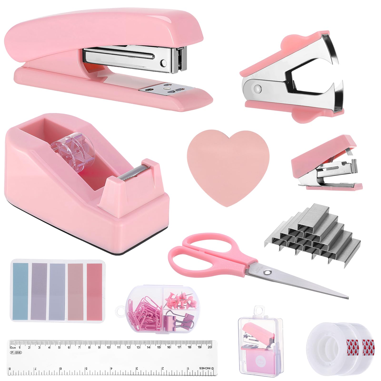 Candcamp Pink Office Supplies Set, Pink Stapler and Tape Dispenser Set including Staple Remover, Staples, Scissor, Clips