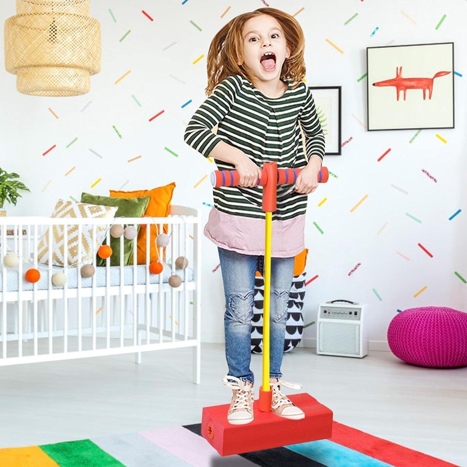 GLNRM Foam Stick Jumper for Kids - Bungee Jumper Outdoor Toy, Foam Bouncing Toy for Age 3 and Up, Squeaky Sounds Pogo Sticks, Great Gift for Boys and Girls, Multicolor (Pack of 1) 3