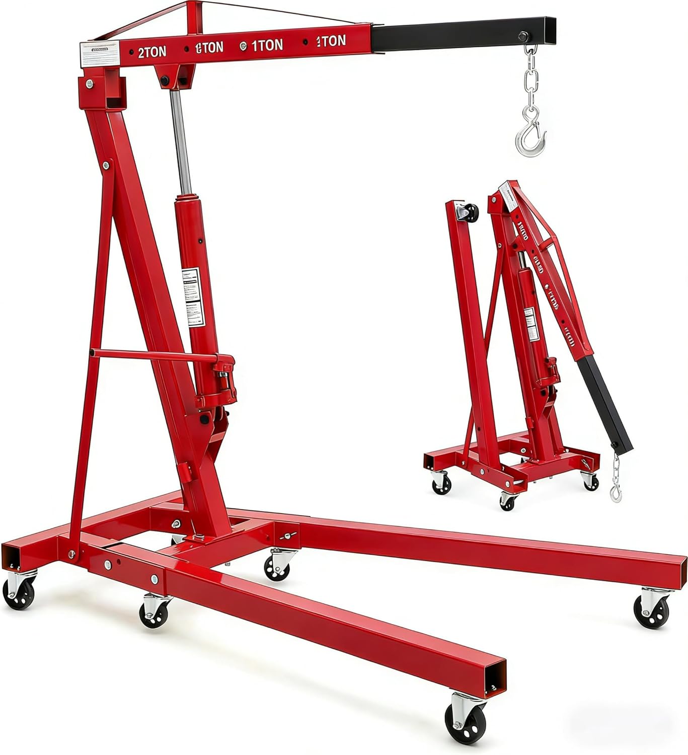 GarveeLife 2 Ton Engine Hoist Folding Cherry Picker, Heavy Duty Engine Lift Hoist, Foldable Hydraulic Shop Crane w/Telescopic Boom & 6 Casters, Engine Lift for Auto Repair Garage Workshop, Red