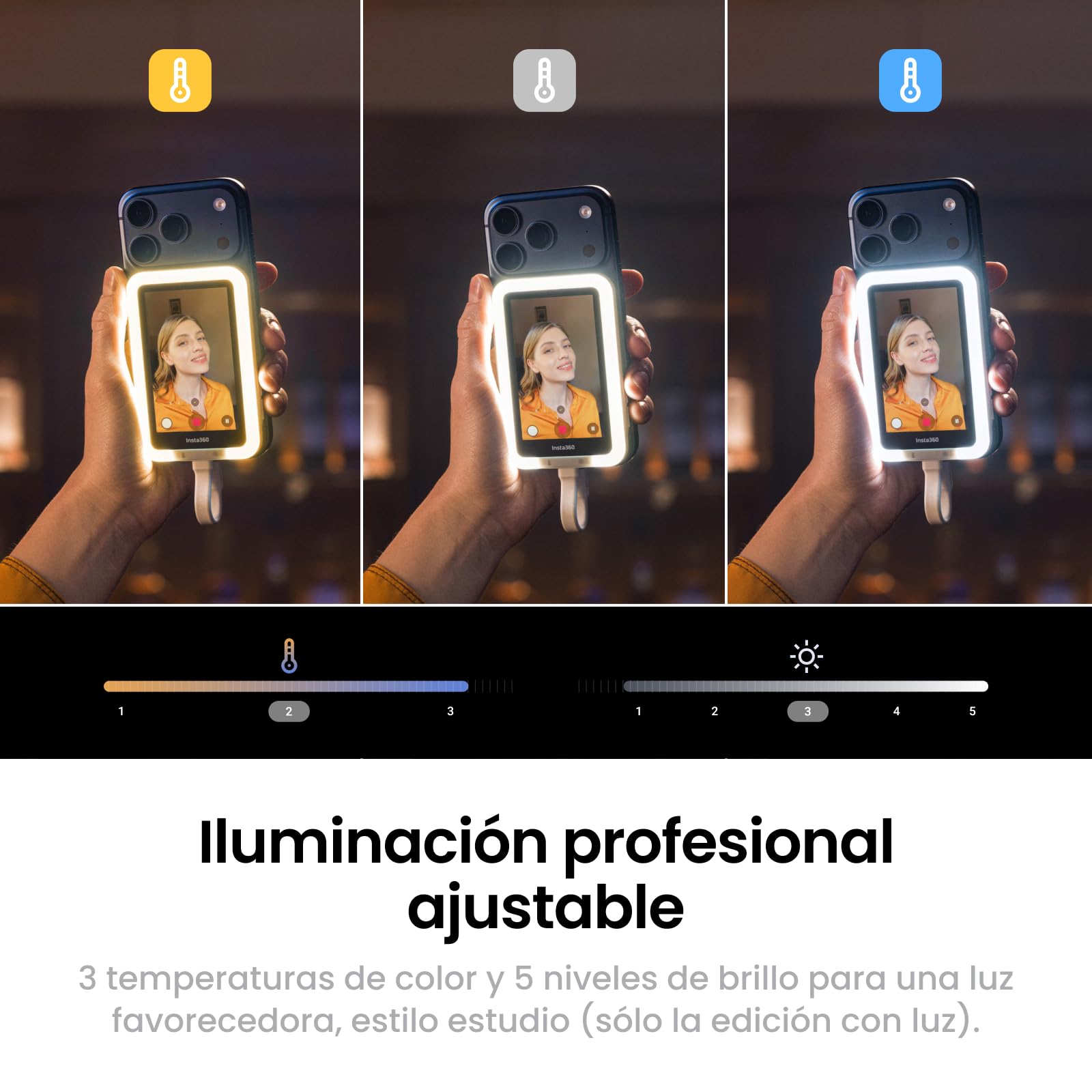 Insta360 Pantalla Snap Selfie con luz - Pantalla de Monitor Selfie magnética 4K para Selfie, vlogging, Compatible con iPhone 15/16/17 Pro, iluminación Ajustable, Control táctil