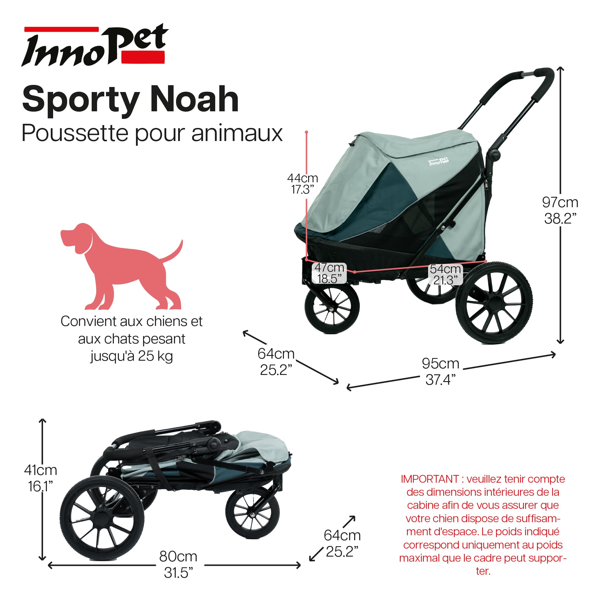 InnoPet Noah Poussette pour Chiens - Pour Chiens Petits et Moyens jusqu à 25 kg - Tout Terrain - Guidon Réglable - Housse de Pluie Incluse - Bleue
