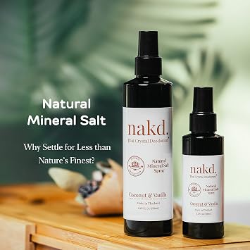 nakd. Thai Crystal Deodorant Spray 2 Salt Deodorant Crystal Sprays, 8.45 FL oz. Regular + 3.3 FL oz. Travel Size Natural and Aluminum Free Deodorant for Women, Men, and Kids - Coconut & Vanilla