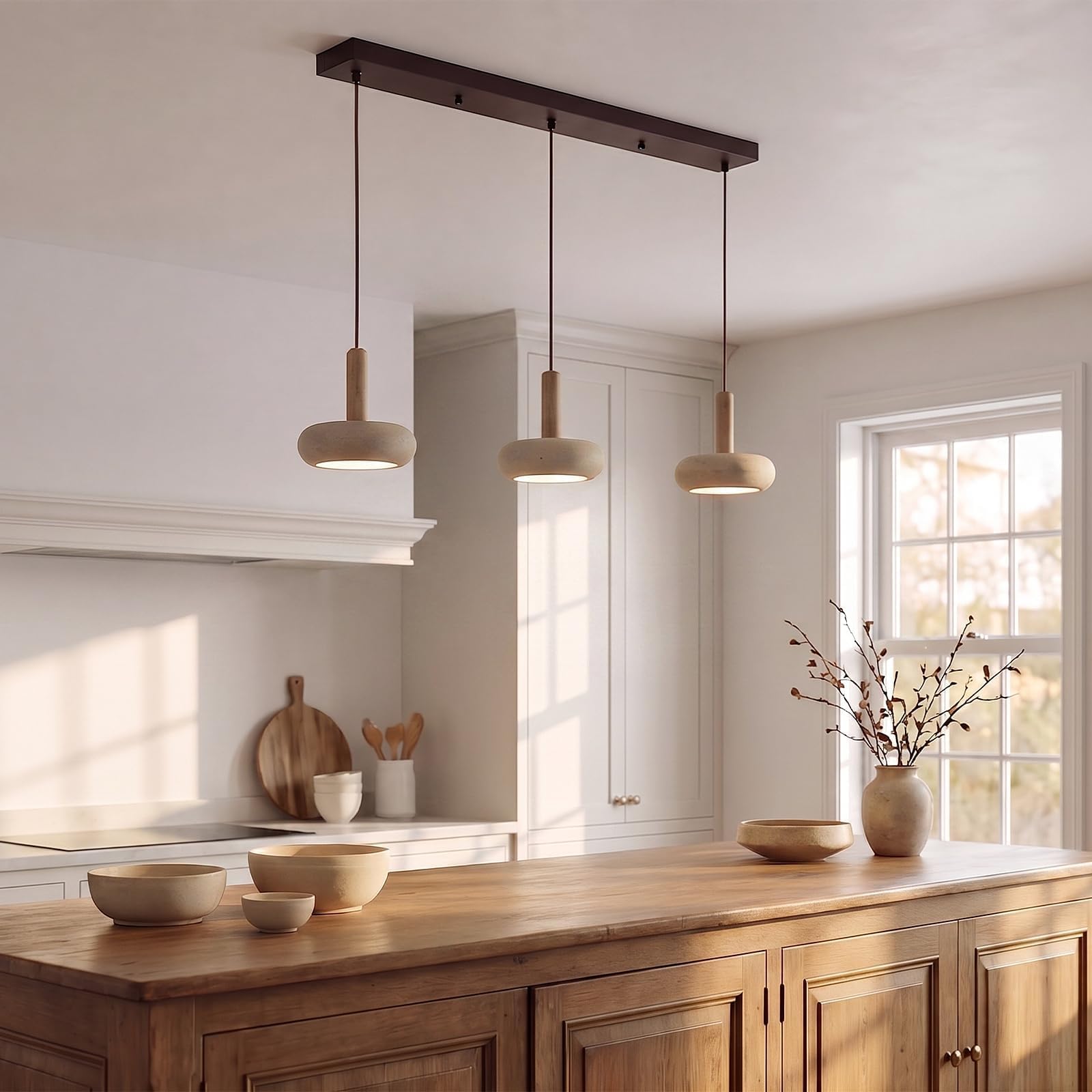 Lustre Suspendu LED 3 Têtes Style Japonais Wabi Sabi Luminaire Travertin Jaune Luminaires Bois Hauteur Réglable Lustres Moderne Adapté Au Salon Cuisine Chambre Salle À Manger Tige En bois