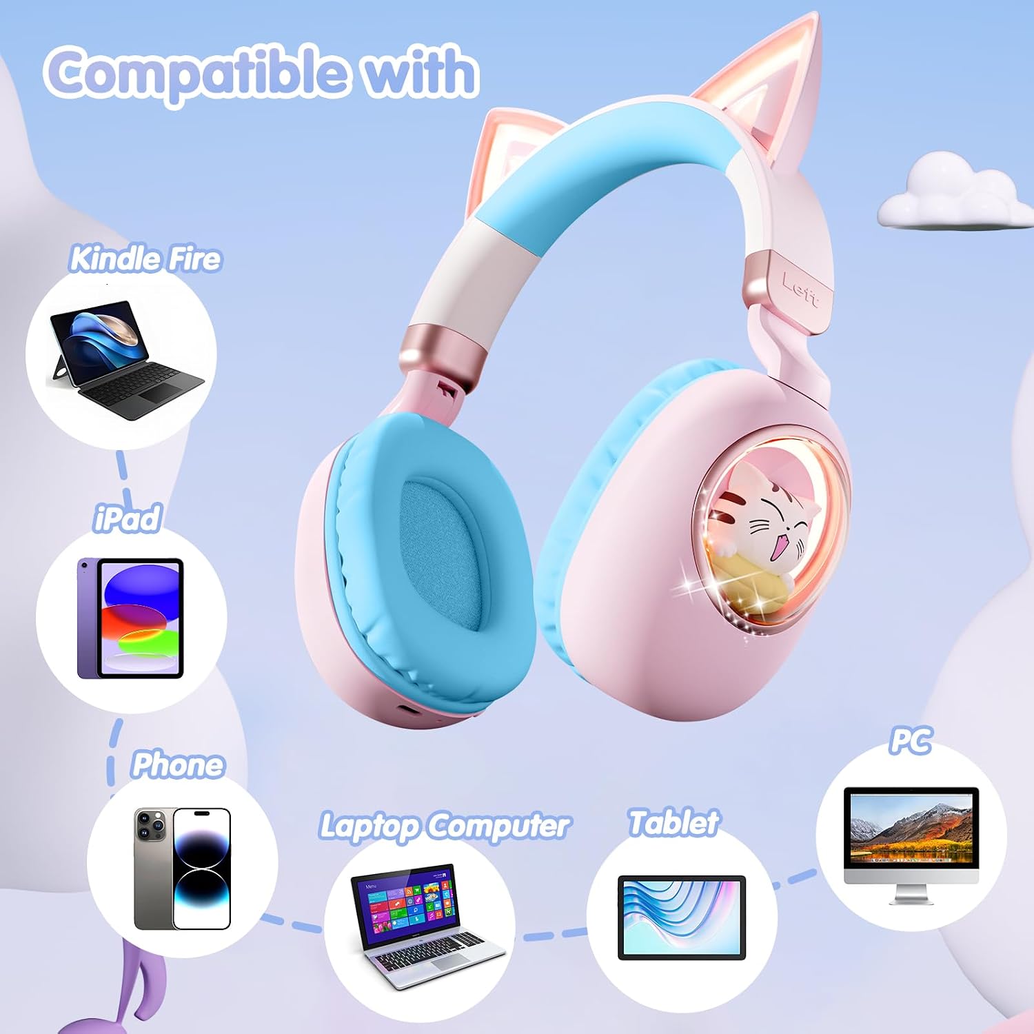 Kids Headphones Bluetooth 5.4 - Cat Ear LED Light Up Noise Cancelling Wireless Headphones with Mic, 85dB Volume Limited, Wired & Wireless Mode for Travel/School/iPad