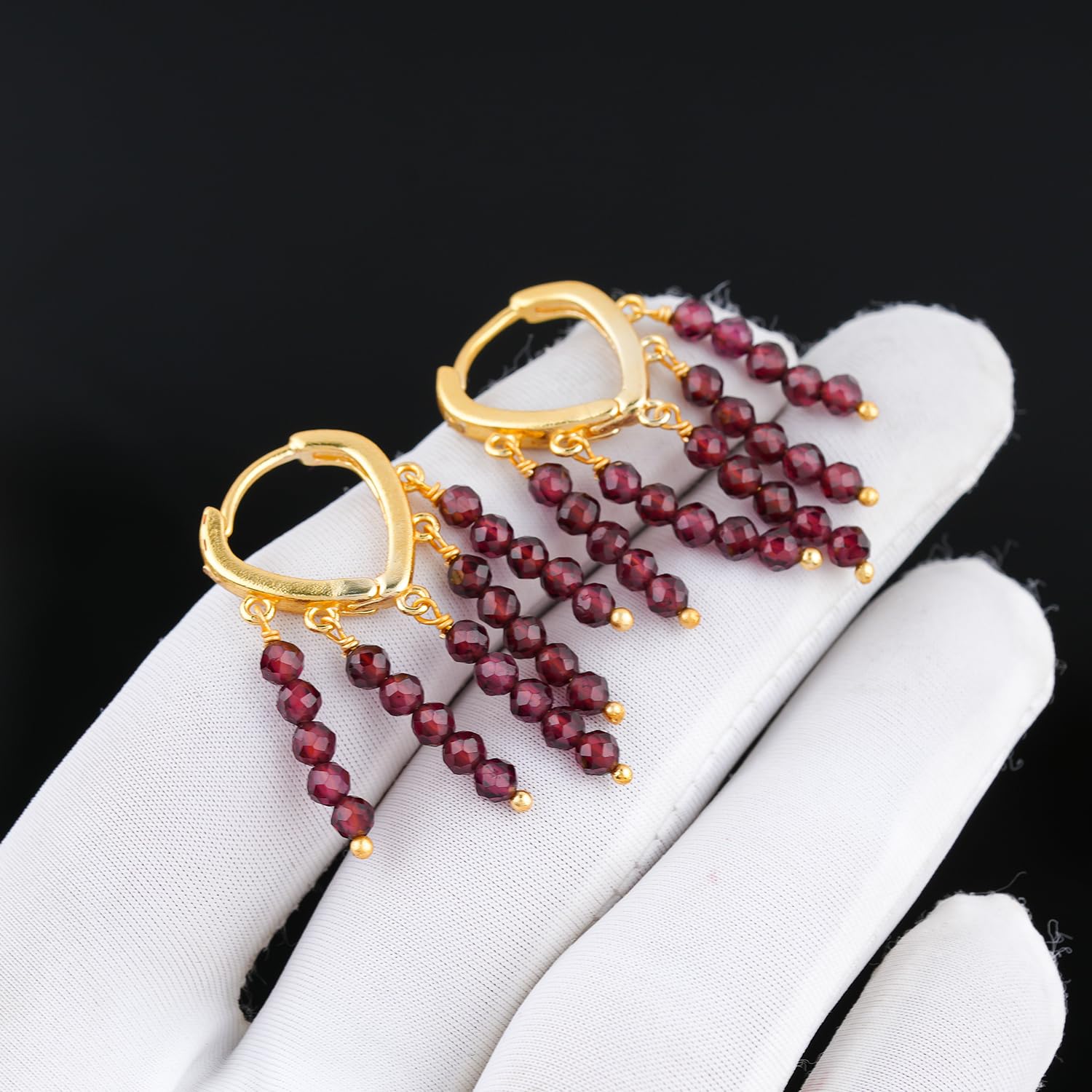 GARNET Beads Crystal Minimalist Dainty Earrings Pair for Women, Sparkling Micro Beaded, Healing Earrings Set, Hypoallergenic Jewelry Gold Plated Brass - Image 5
