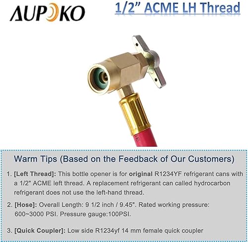 Miniatura 5 de Aupoko R1234YF Kit de manguera de carga de refrigerante, con grifo abrelatas de 12 LH, acoplador rápido de lado bajo R1234YF, tubo de carga de